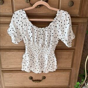 Crave Fame White and Black Puff Sleeve Smocked Blouse with Peplum
